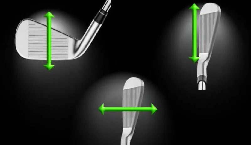 Three views of an iron clubhead, with arrows showing how impact can move vertically on the face and horizontally between heel and toe.