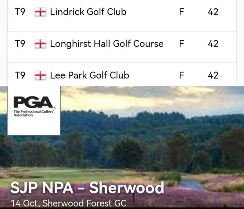Sherwood Forest PGA National Pro-Am results graphic: Lindrick Golf Club, Longhirst Hall Golf Course and Lee Park Golf Club are all tied ninth with 42 points; event dated 14 October.