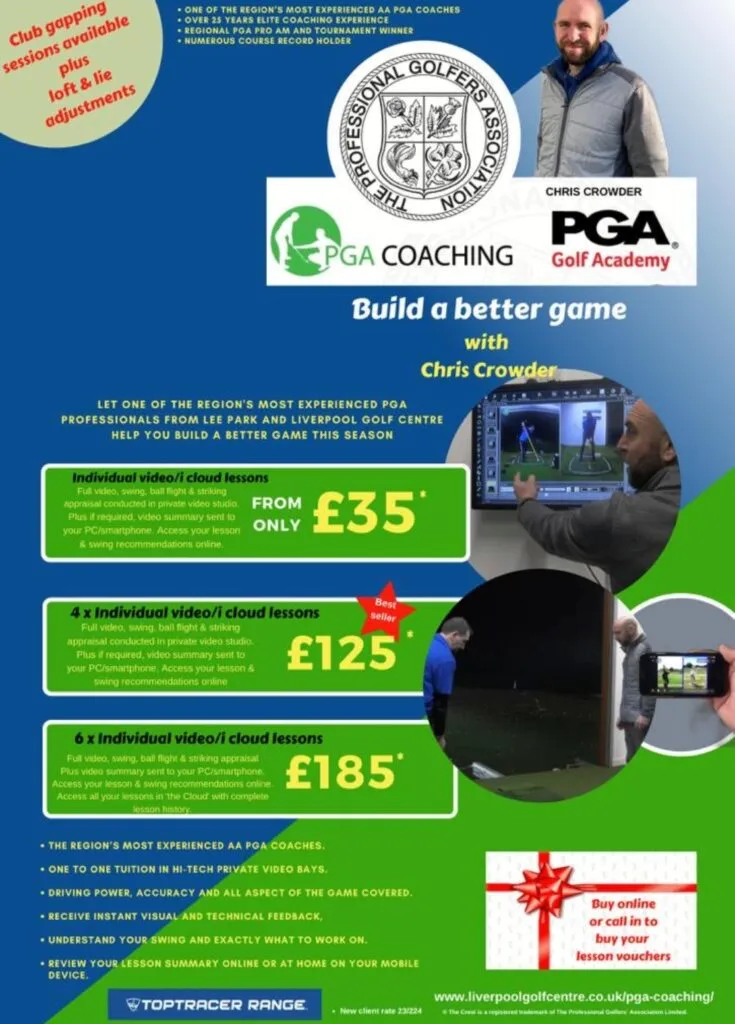 Historical academy lesson and gift voucher price leaflet: individual video or cloud lessons from £35, four lessons £125, six lessons £185; club gapping and loft and lie adjustments also advertised.