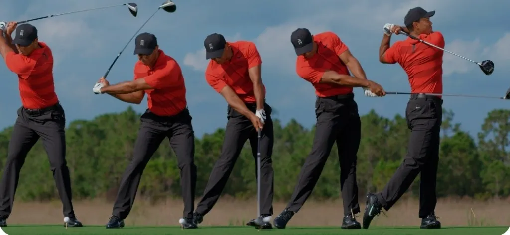 Five successive positions in Tiger Woods’s driver swing, from the top of the backswing through impact to the finish.
