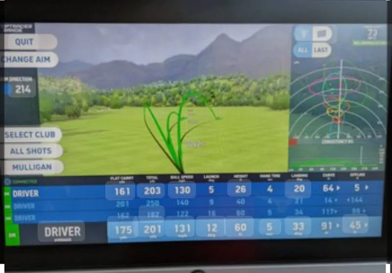 Toptracer range screen showing several driver shot trajectories, a dispersion plot and measured shot distances to help identify shot patterns.